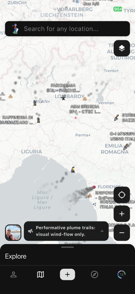 PollutionProfile Explore map showing plume trails and industrial facility sources in northern Italy
