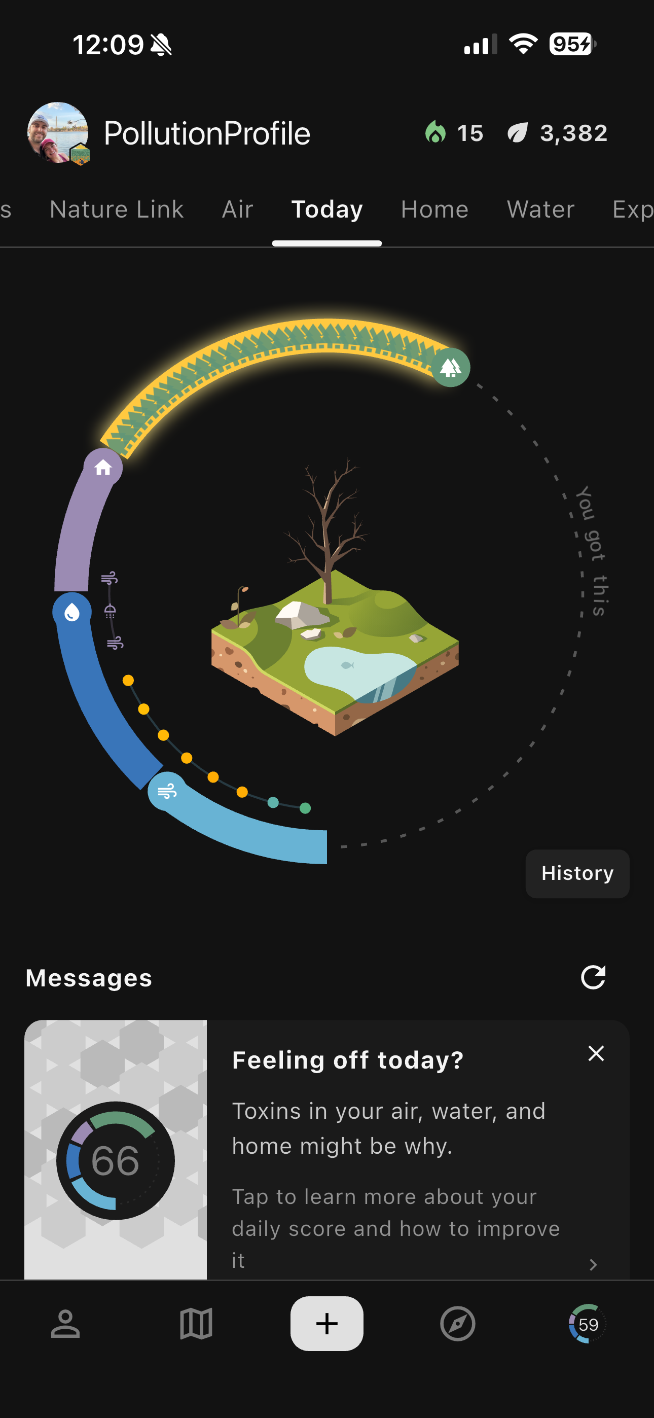 PollutionProfile daily environmental health score screen