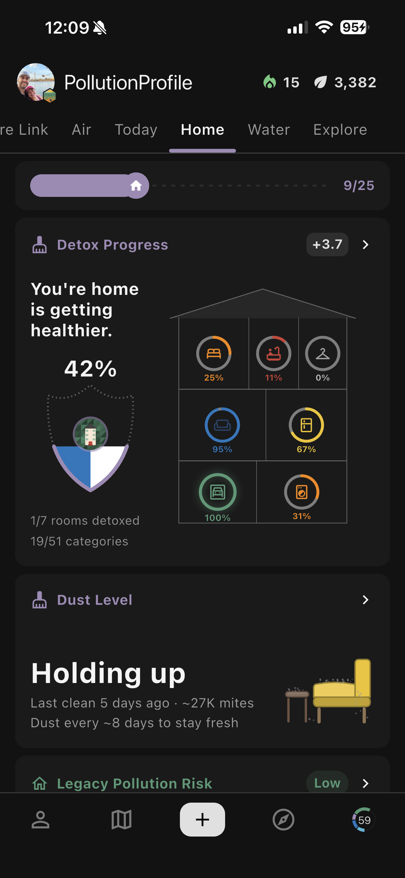 PollutionProfile home detox dashboard showing room progress and dust level