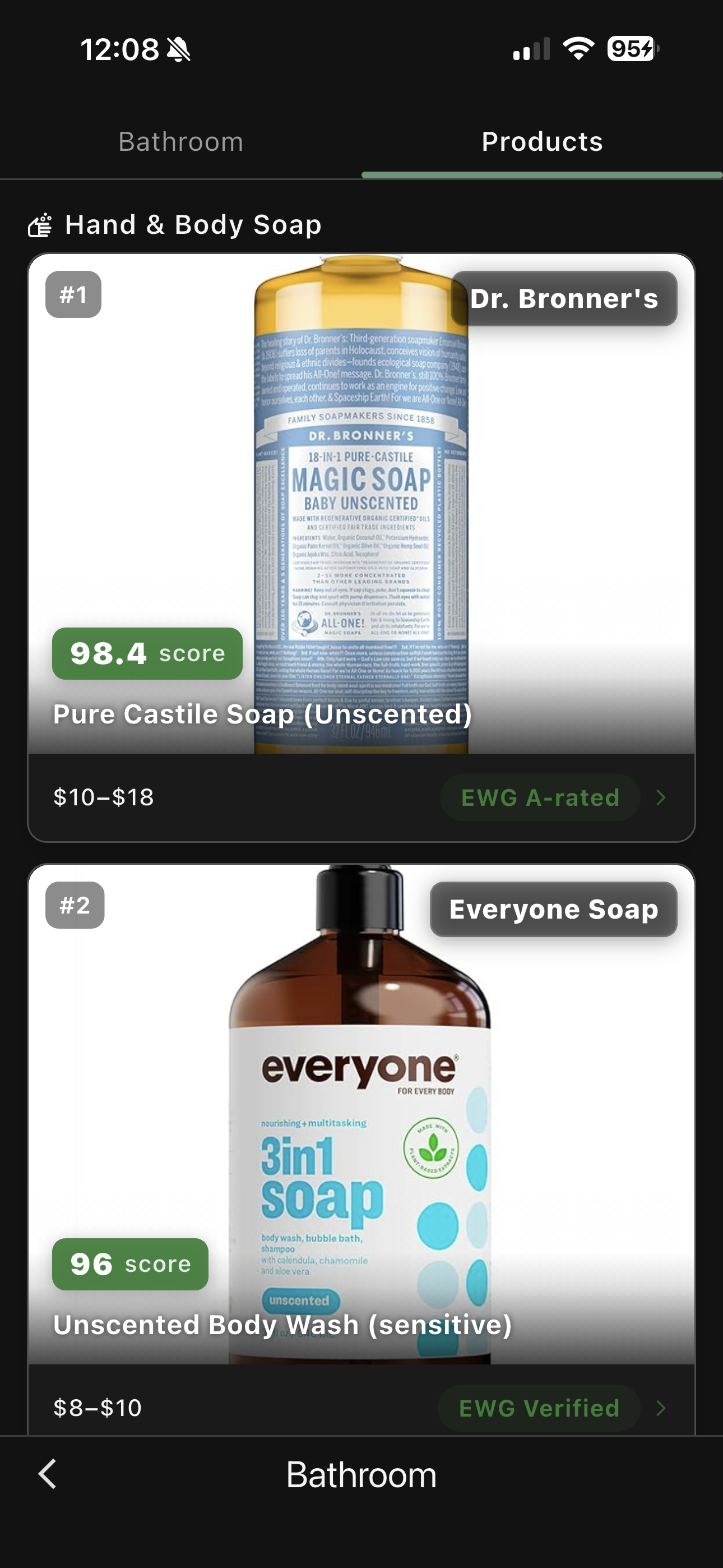 PollutionProfile Home Detox Assistant bathroom products tab showing ranked hand and body soaps with health scores and EWG certification