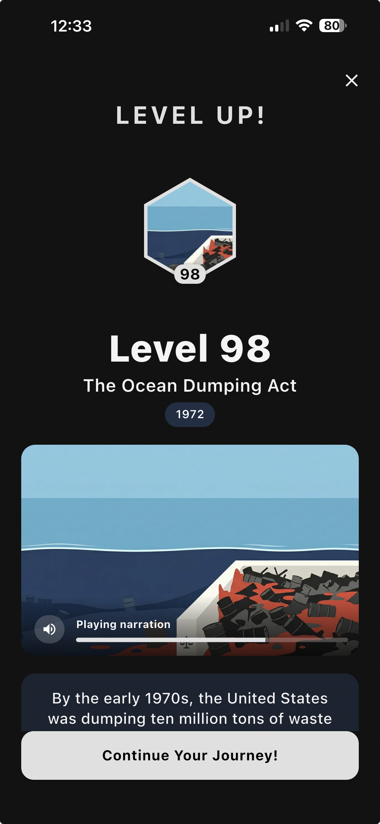 PollutionProfile Toxic Defense level-up screen for The Ocean Dumping Act with narration and milestone artwork