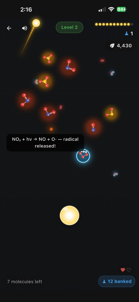 PollutionProfile Toxic Defense molecule gameplay screen showing nitrogen dioxide photolysis
