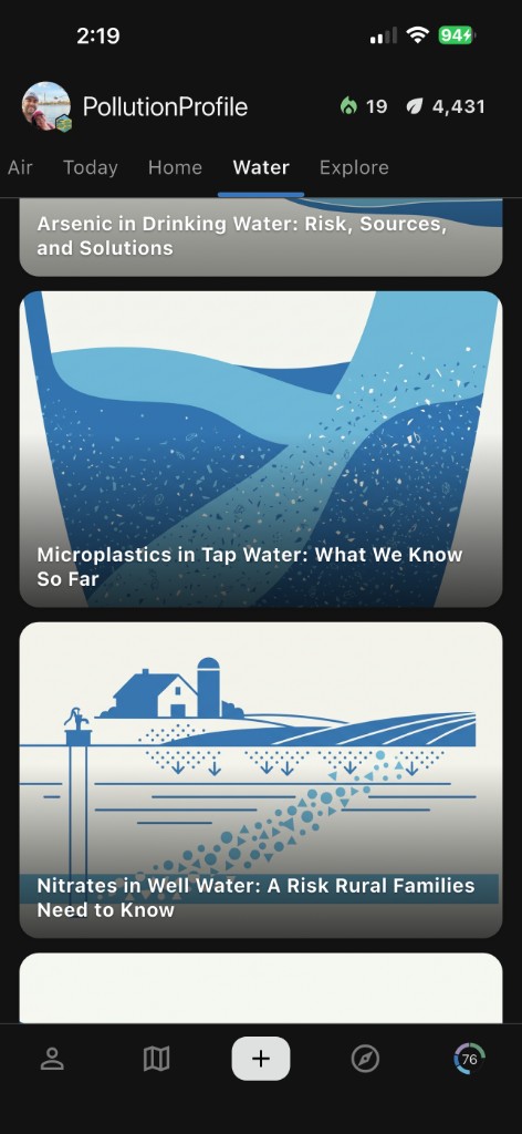 PollutionProfile Water tab showing drinking water explainers about arsenic, microplastics, and nitrates
